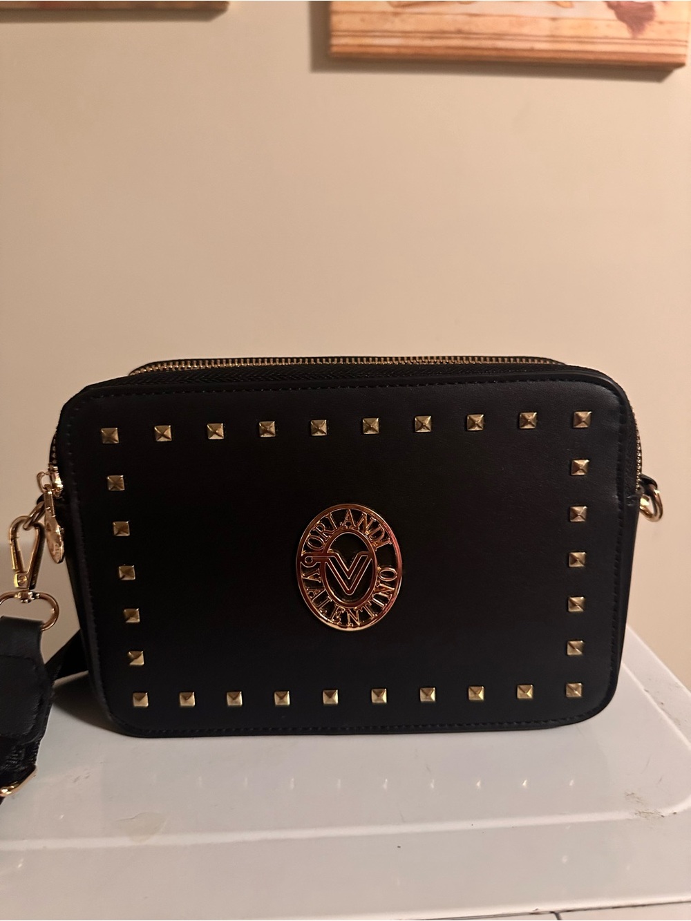 Valentino Orlandi Black Crossbody Bag with Gold Studs